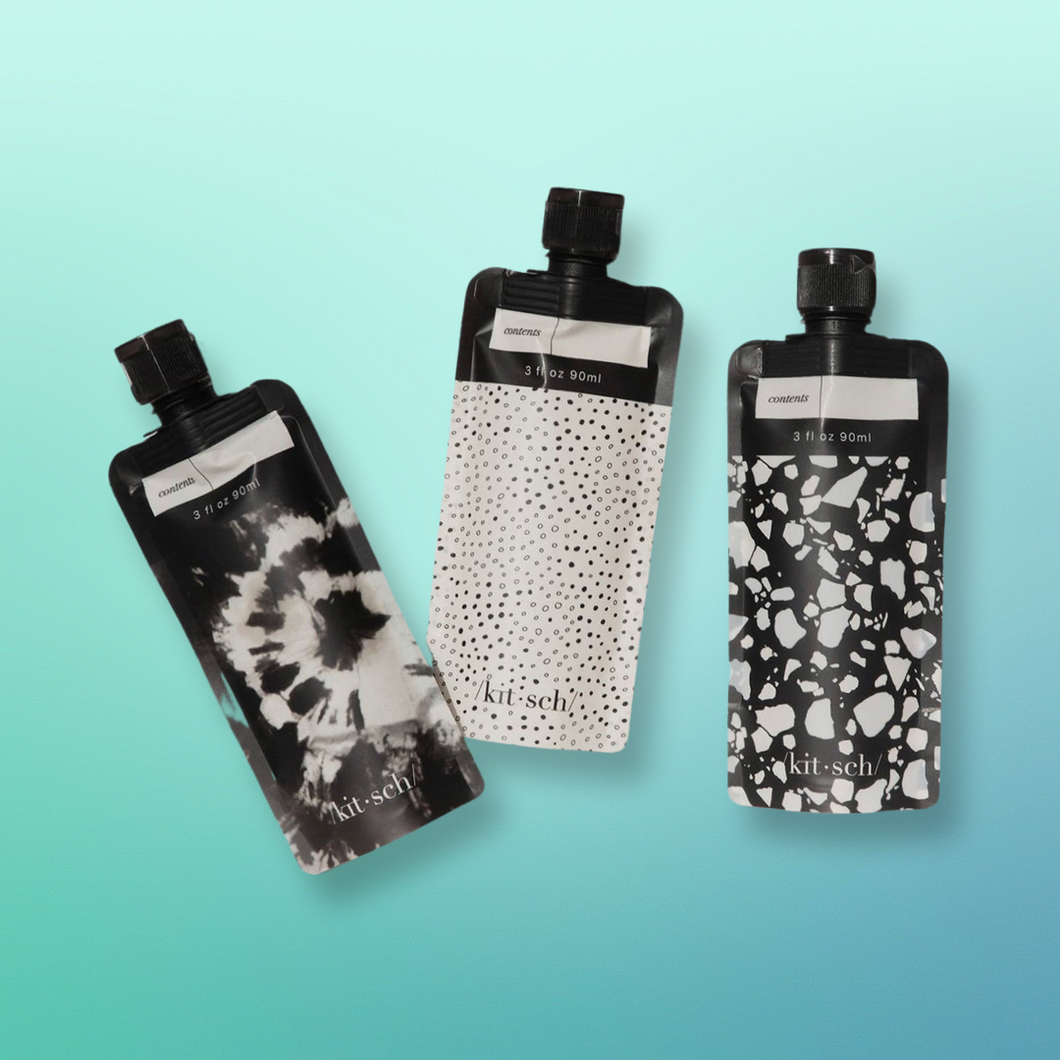 Refillable Travel Pouches 3 pc Set - Black & Ivory